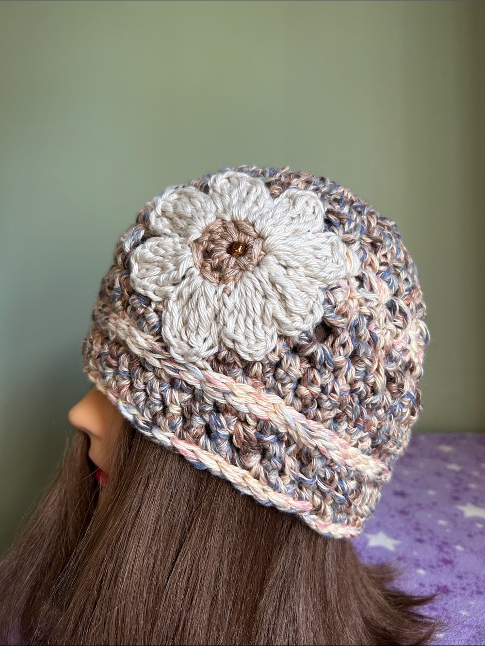 Hand-Crocheted comfy cotton medium Beanie with Cream Flower Accent